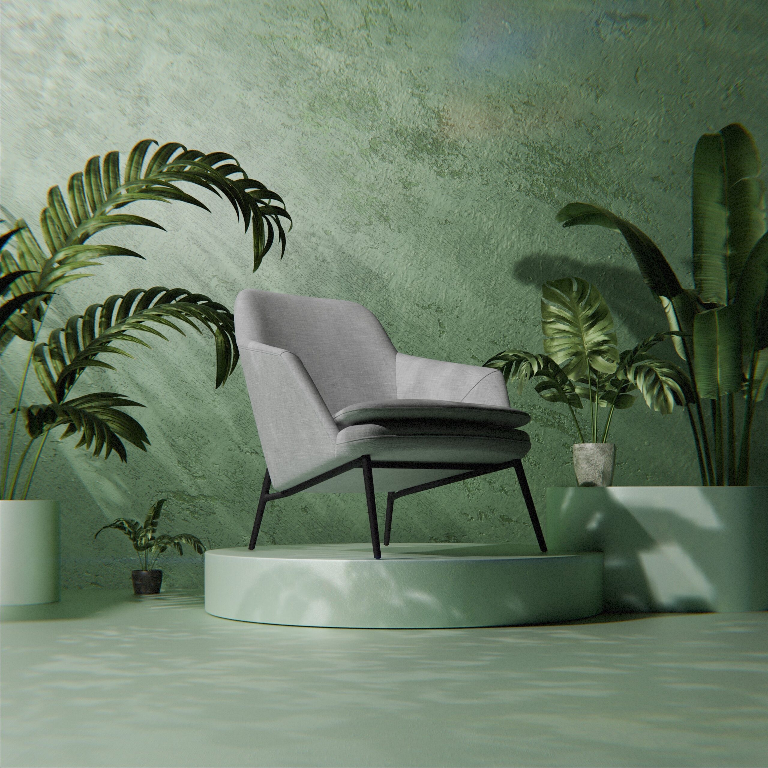 A stylish armchair set in a minimalist green room surrounded by lush indoor plants.